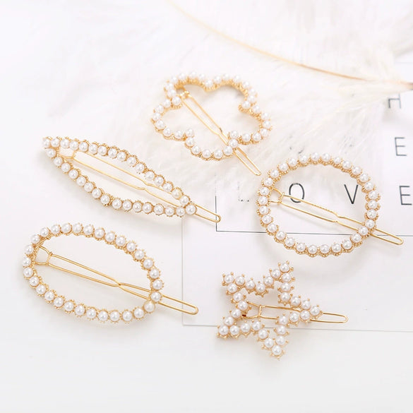 Ladies Alloy Pearl Geometric Edge Clip Hair Clip Electroplated Minimalist Style Plum Blossom Fivepointed Star Design