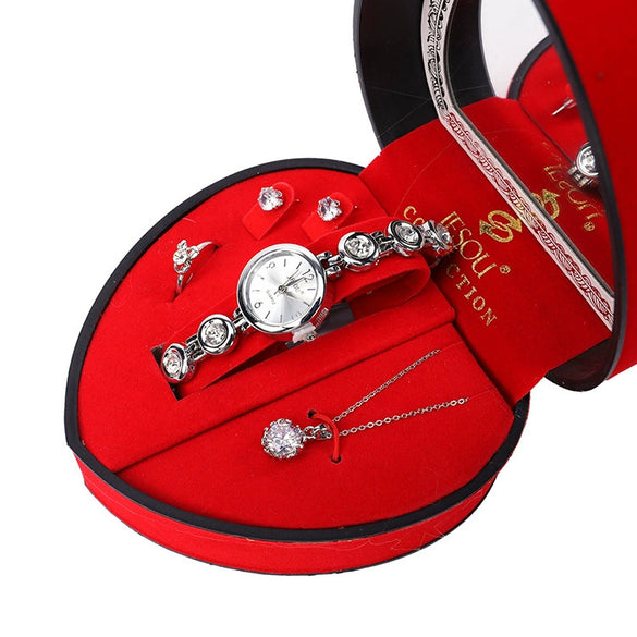 Ladies Alloy Quartz Watch Jewelry Set With Round Dial And Business Style