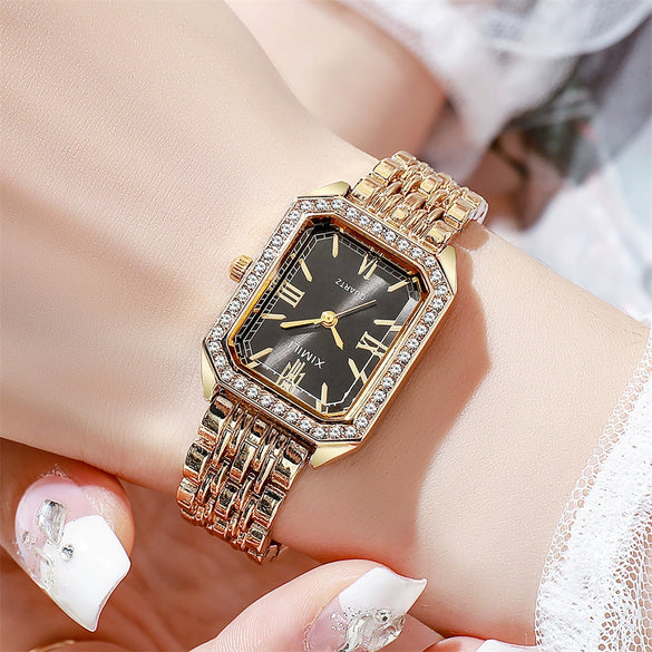 Ladies Alloy Quartz Watch With Diamond Encrusted And Round Dial Leisure Style