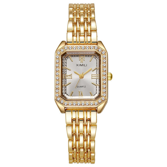 Ladies Alloy Quartz Watch With Diamond Encrusted And Round Dial Leisure Style