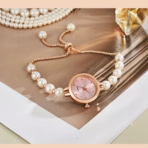 Ladies Alloy Strap Round Dial Quartz Watch With Pearl Decor And Fashion Style