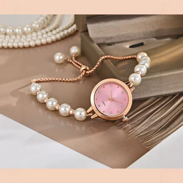 Ladies Alloy Strap Round Dial Quartz Watch With Pearl Decor And Fashion Style