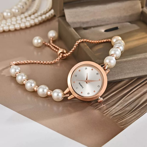 Ladies Alloy Strap Round Dial Quartz Watch With Pearl Decor And Fashion Style
