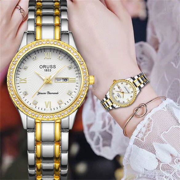 Ladies Alloy Watch Diamond Encrusted Round Dial Waterproof Quartz Calendar Fashionable Onion Crown Single Folding Buckle Mineral Reinforced Glass Mirror