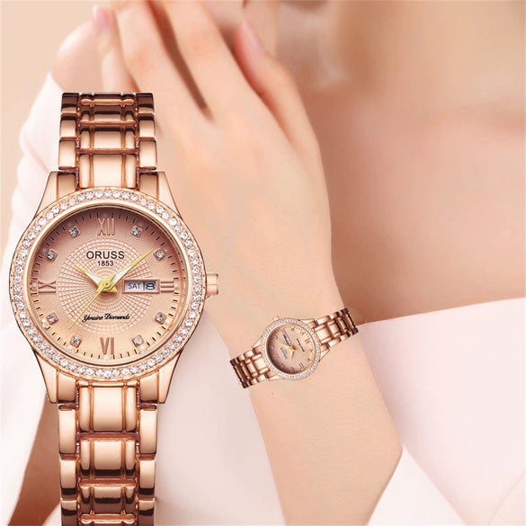 Ladies Alloy Watch Diamond Encrusted Round Dial Waterproof Quartz Calendar Fashionable Onion Crown Single Folding Buckle Mineral Reinforced Glass Mirror