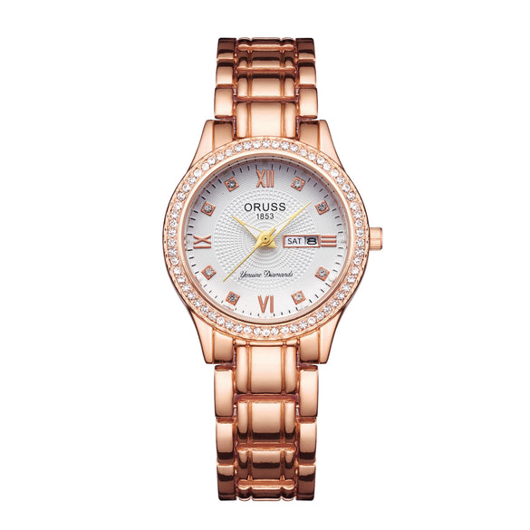 Ladies Alloy Watch Diamond Encrusted Round Dial Waterproof Quartz Calendar Fashionable Onion Crown Single Folding Buckle Mineral Reinforced Glass Mirror