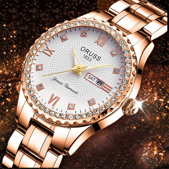 Ladies Alloy Watch Diamond Encrusted Round Dial Waterproof Quartz Calendar Fashionable Onion Crown Single Folding Buckle Mineral Reinforced Glass Mirror