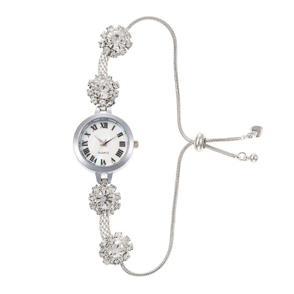 Ladies Alloy Watch Fashionable Round Dial Pullout Bracelet With Roman Numerals