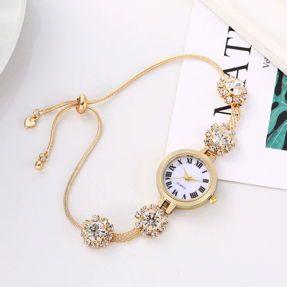 Ladies Alloy Watch Fashionable Round Dial Pullout Bracelet With Roman Numerals