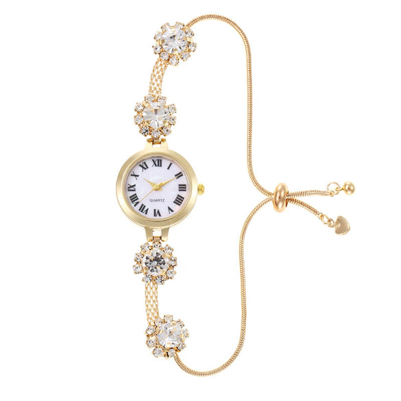 Ladies Alloy Watch Fashionable Round Dial Pullout Bracelet With Roman Numerals