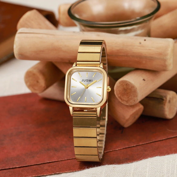 Ladies Bamboo Alloy Strap Simple Generous Quartz Square Watch For Students Casual Daily Use