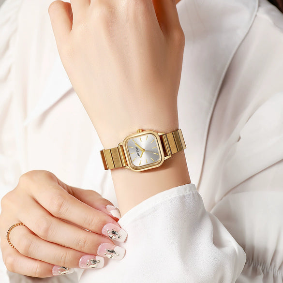 Ladies Bamboo Alloy Strap Simple Generous Quartz Square Watch For Students Casual Daily Use