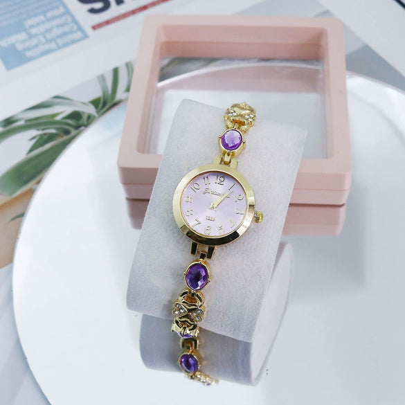 Ladies Bracelet Watch Casual Style Round Dial Stainless Steel Buckle Alloy Case Mineral Mirror