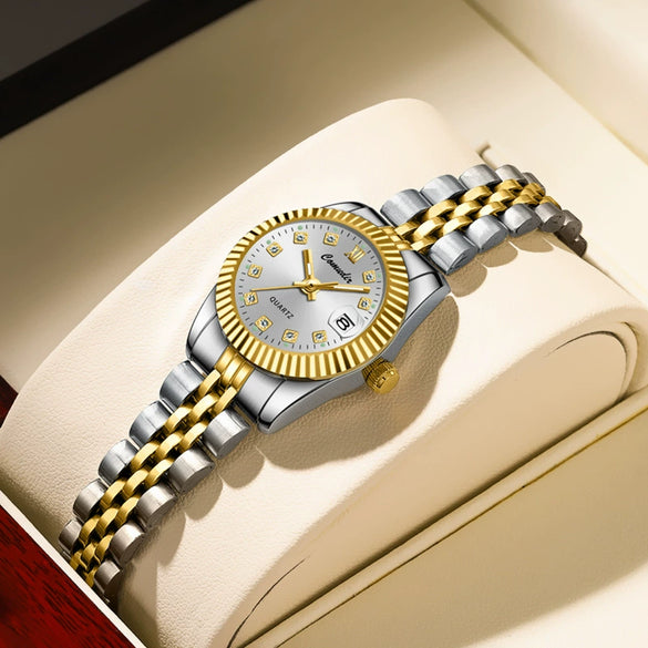 Ladies Business Style Alloy And Stainless Steel Waterproof Quartz Watch With Round Dial