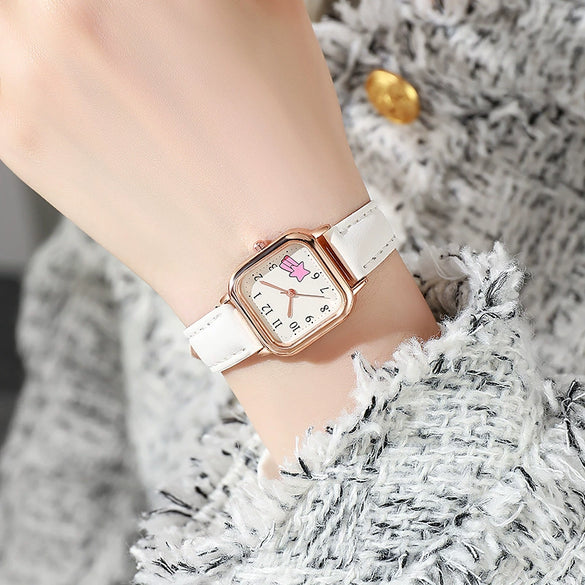 Ladies Casual Cartoon Square Quartz Watch With Pu Belt Alloy Case And Stainless Steel Buckle