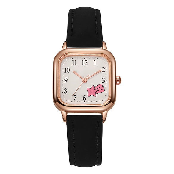 Ladies Casual Cartoon Square Quartz Watch With Pu Belt Alloy Case And Stainless Steel Buckle