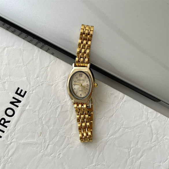 Ladies Casual Retro Quartz Watch Alloy Case Imitation Leather Strap Rose Gold Buckle Round Dial Printed Logo