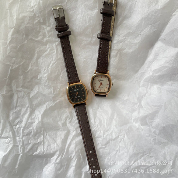 Ladies Casual Retro Square Metal And Pu Quartz Watch