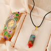 Ladies Cloisonne Flowery Antique Style Alloy Pendant Set With Oval Dial Watch