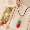 Ladies Cloisonne Flowery Antique Style Alloy Pendant Set With Oval Dial Watch