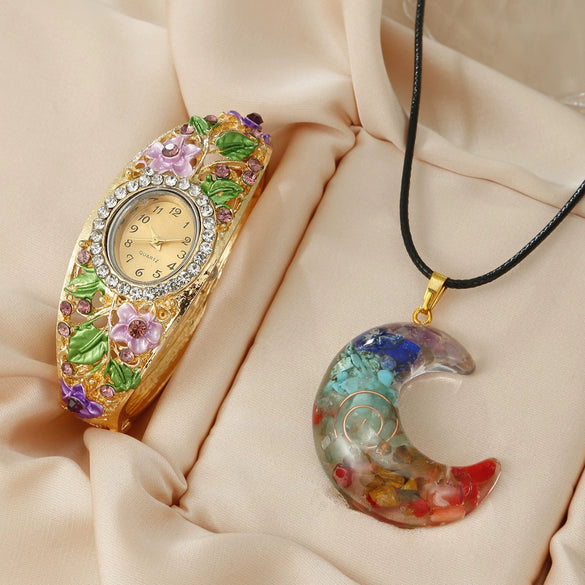 Ladies Cloisonne Flowery Antique Style Alloy Pendant Set With Oval Dial Watch