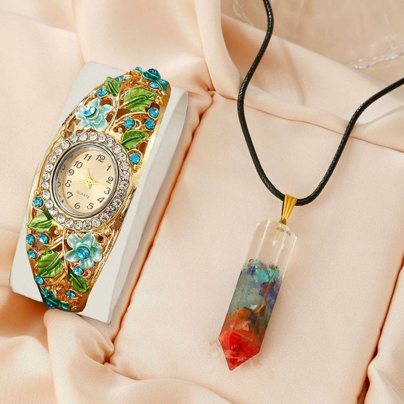 Ladies Cloisonne Flowery Antique Style Alloy Pendant Set With Oval Dial Watch