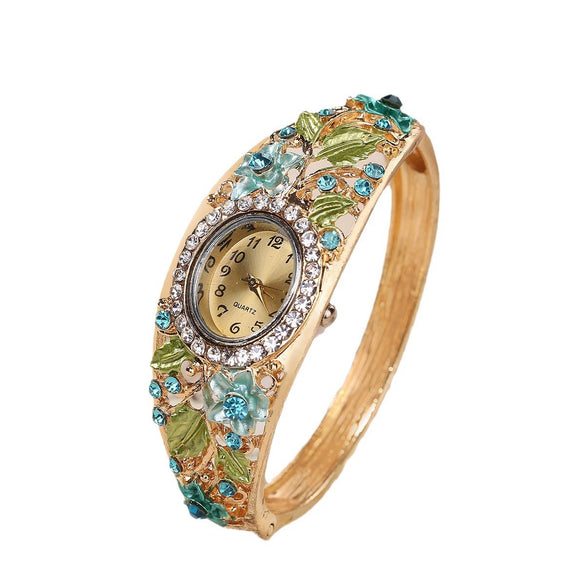 Ladies Cloisonne Flowery Antique Style Alloy Pendant Set With Oval Dial Watch