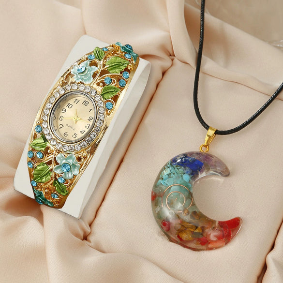 Ladies Cloisonne Flowery Antique Style Alloy Pendant Set With Oval Dial Watch