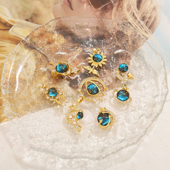 Ladies Copper Fantasy Pendant With Sunflower Starry Sky Design And Gemstone Electroplated
