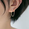 Ladies Copper Inlaid Zircon Geometric Double Ear Hole Conjoined Long Chain Earrings With Electroplating