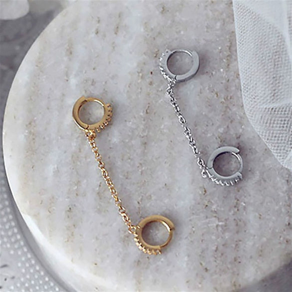 Ladies Copper Inlaid Zircon Geometric Double Ear Hole Conjoined Long Chain Earrings With Electroplating
