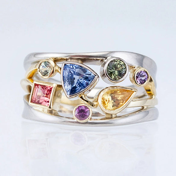 Ladies Copper Ring Set With Multicolor Geometric Pattern And Zircon