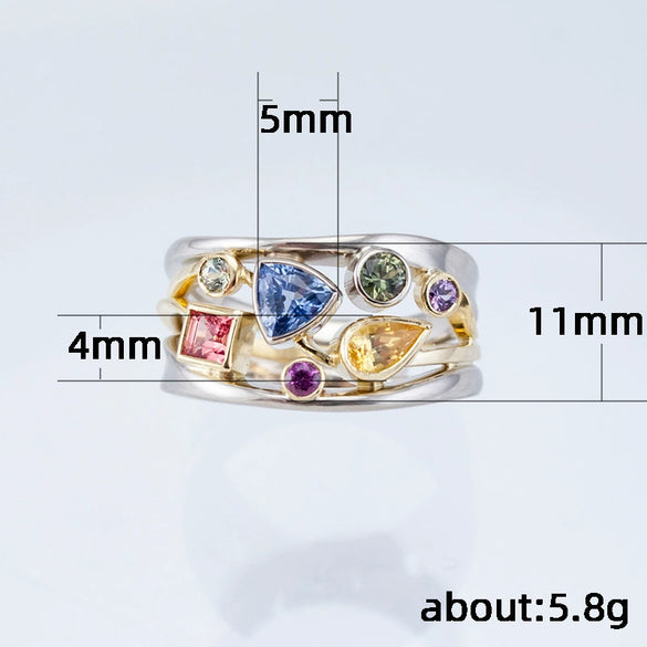 Ladies Copper Ring Set With Multicolor Geometric Pattern And Zircon