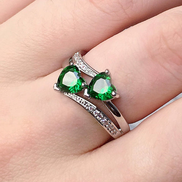 Ladies Copper Ring Set With Zircon Double Heartshaped Multicolor Gemstone Plated Platinum Geometric