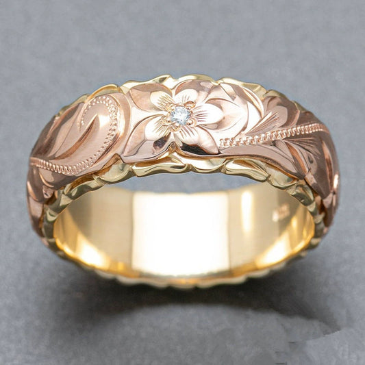 Ladies Copper Ring With Carved Rose Pattern And Electroplating Treatment