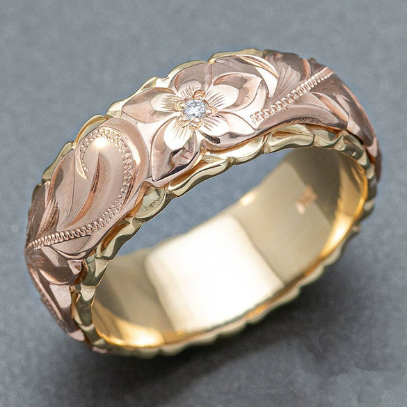 Ladies Copper Ring With Carved Rose Pattern And Electroplating Treatment