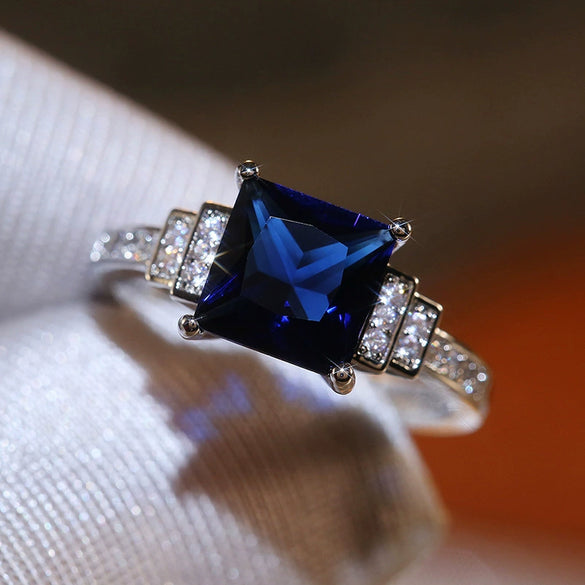 Ladies Copper Ring With Dark Blue Zircon And Geometric Style Platinum Plated