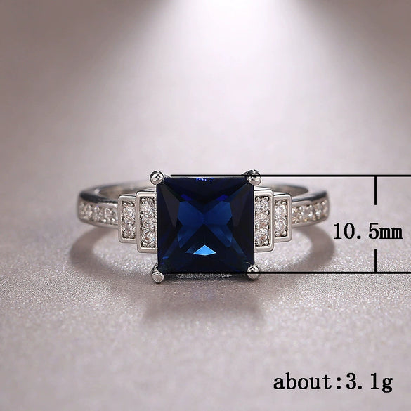 Ladies Copper Ring With Dark Blue Zircon And Geometric Style Platinum Plated