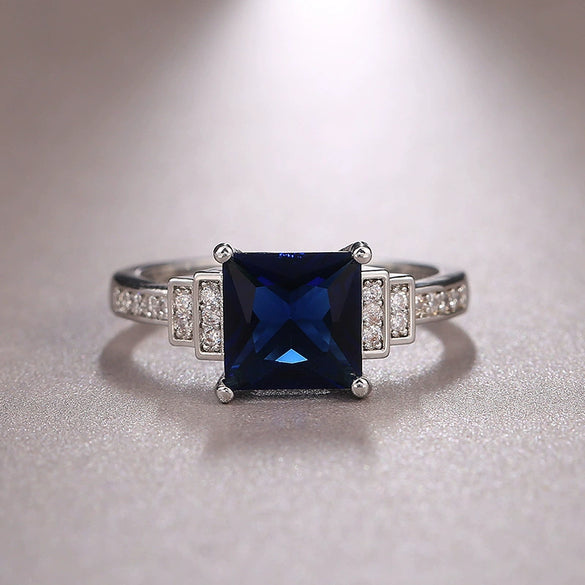 Ladies Copper Ring With Dark Blue Zircon And Geometric Style Platinum Plated