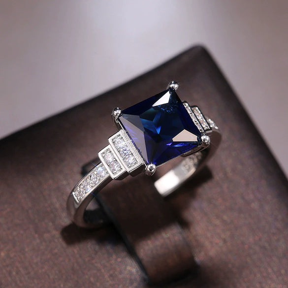 Ladies Copper Ring With Dark Blue Zircon And Geometric Style Platinum Plated