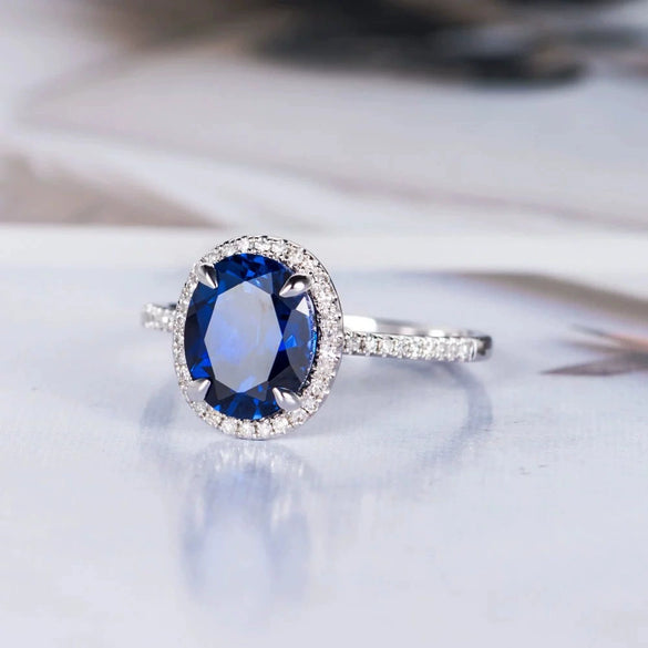 Ladies Copper Zircon Ring With Geometric Design And Sapphire Blue Color