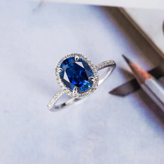 Ladies Copper Zircon Ring With Geometric Design And Sapphire Blue Color