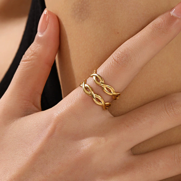 Ladies Doublelayer Stainless Steel Geometric Cross Open Ring 18K Goldplated