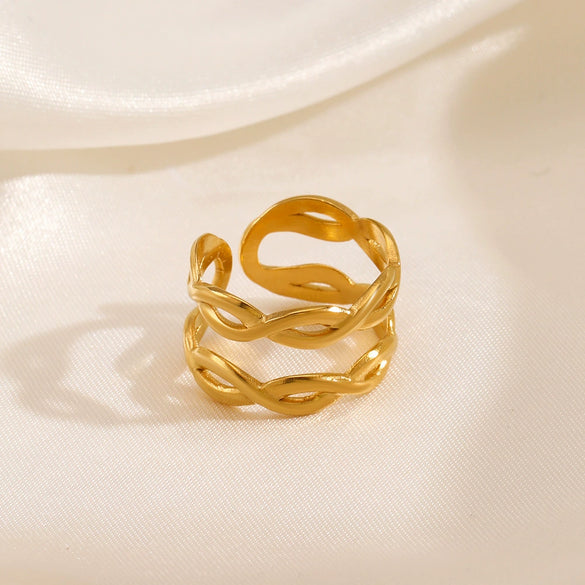 Ladies Doublelayer Stainless Steel Geometric Cross Open Ring 18K Goldplated