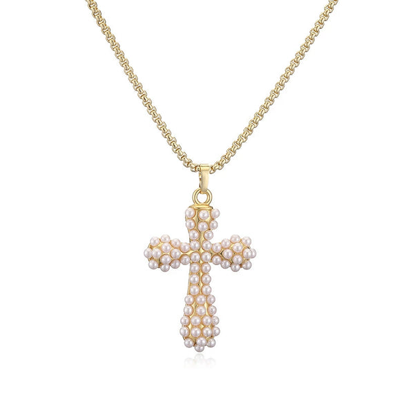 Ladies Elegant Copper Jewelry Inlaid With Pearls Featuring Cross Crown Roman Numerals Pattern For Earrings And Necklace