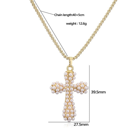 Ladies Elegant Copper Jewelry Inlaid With Pearls Featuring Cross Crown Roman Numerals Pattern For Earrings And Necklace