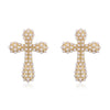 Ladies Elegant Copper Jewelry Inlaid With Pearls Featuring Cross Crown Roman Numerals Pattern For Earrings And Necklace