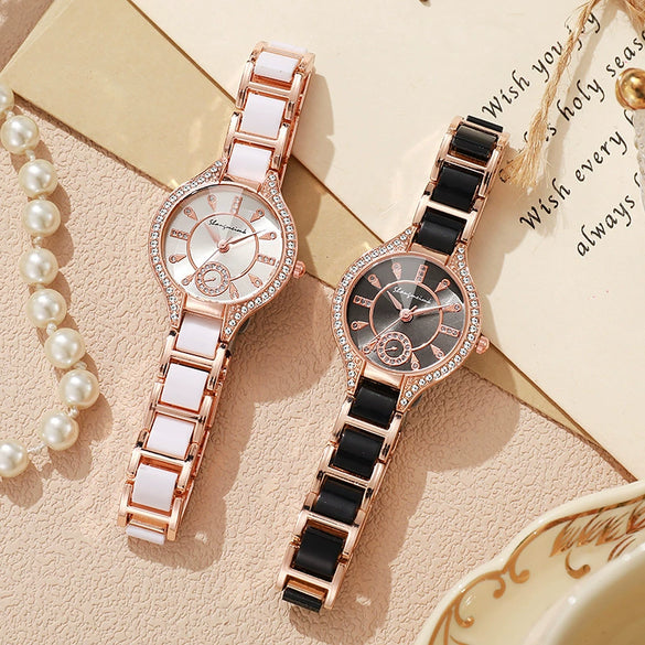 Ladies Fashion Alloy Ceramic Quartz Watch With Steel Band And Round Dial