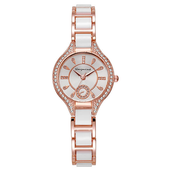 Ladies Fashion Alloy Ceramic Quartz Watch With Steel Band And Round Dial