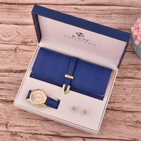Ladies Fashion Elegant Leather Wallet Watch Earrings In Gift Box Modern Simplicity Style